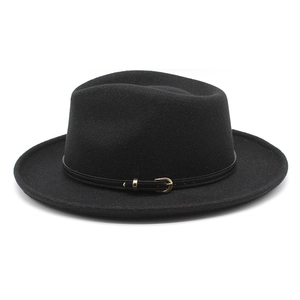 Close-up of black felt Fedora hat featuring a sleek leather band and small gold buckle