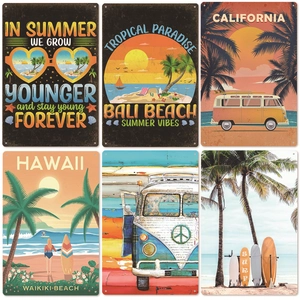 Set of vintage summer beach tin signs with California and Hawaii retro wall decor designs