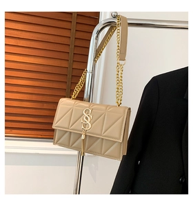 Close-up of beige quilted chain bag featuring gold SS hardware and stylish fringe detail