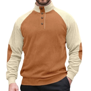 Men's corduroy long sleeve henley shirt with orange contrast stitching and elbow patches