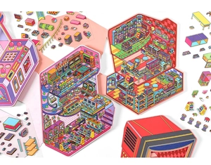 Macro view of retro pixel art 2.5D PET stickers featuring a colorful gaming arcade scene