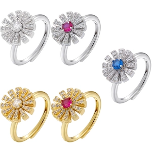 Luxury Copper Sunflower Zirconia Adjustable Open Ring For Women Elegant Flower Petal Finger Ring Party Fashion Jewelry