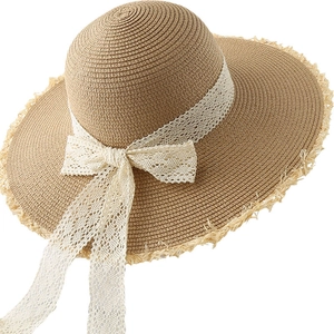 French Style Women Straw Hat With Lace Bow Wide Brim Frayed Edge Summer Beach Sun Protection Vacation Accessory