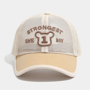 Detail of breathable mesh baseball cap for kids with bear embroidery and khaki visor