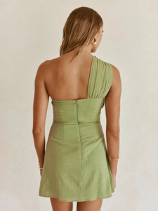 Back view of light green one-shoulder cotton mini dress with ruching and hidden zipper