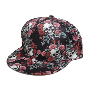 Hip hop pet met platte rand en schedel met rozen print voor Halloween stijl