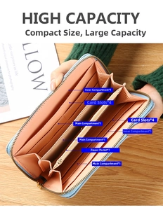 Detailansicht der großen langen Brieftasche mit vielen Kartenfächern und blauem Lederdesign