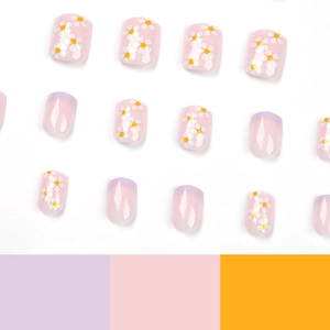 Short square press-on nails with purple French tips and daisy flower patterns