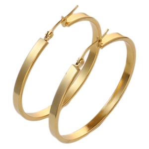 Polished gold large hoop earrings in stainless steel with a minimalist flat wire design