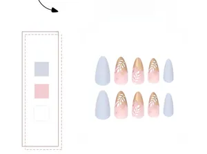 Detail of almond press-on nails featuring lavender finish and gold foil leaf art designs