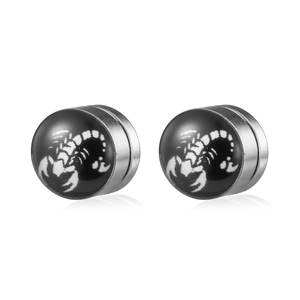 Detail view of round scorpion pattern earrings with silver polished stainless steel base