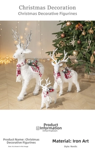 Three-piece set of white iron reindeer statues with red scarves for Christmas decor