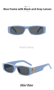 Detail of light blue rectangular sunglasses with gold diamond hinges and grey lenses
