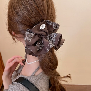 Brown paisley scrunchie with white decorative buckle shown worn on a high ponytail
