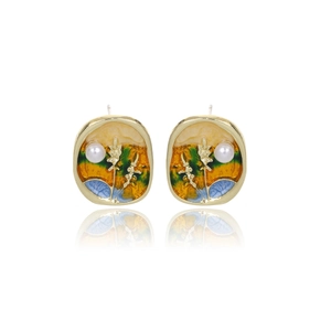 Artistic gold-framed earrings with colorful enamel painting and white pearl accents