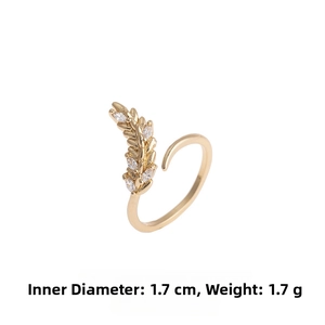 Detail view of gold adjustable leaf ring showing 1.7cm diameter and 1.7g weight info