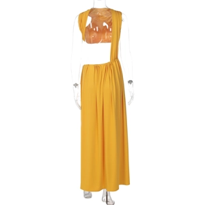 Detail view of yellow one-shoulder dress featuring backless cutout and side tie design