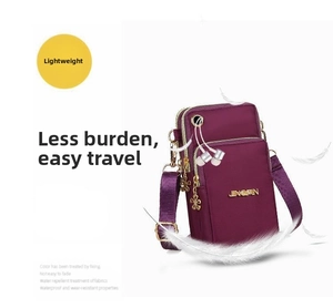 Detail of purple waterproof nylon phone bag with triple zippers and lightweight feather design