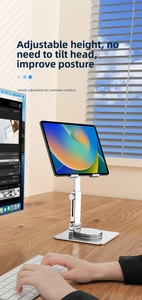 Adjustable silver aluminum tablet stand with telescopic height for ergonomic desk use