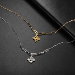 Double-layered stainless steel necklace featuring a Celtic knot pendant and mixed chain link