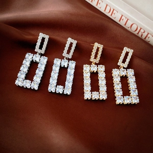 Elegant hollow square drop earrings with sparkling zircon stones in gold and silver finish