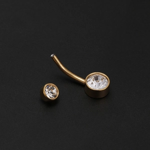 Titanium steel belly button ring with double round clear zircons in a gold finish
