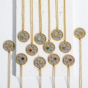 Vintage Sun Moon Star Pendant Necklace Stainless Steel Zircon Birthstone Zodiac Geometric Jewelry For Women