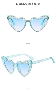 Detail view showing blue heart-shaped rhinestone sunglasses from front and 45-degree angles