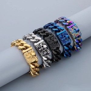 Skulls Cuban link bracelets shown in gold, silver, black, blue, and rainbow steel