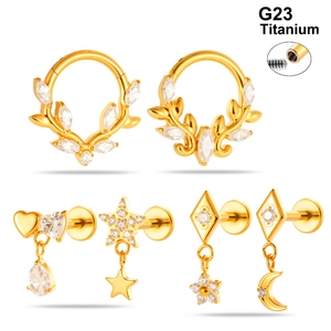 G23 Titanium Lip Ring Stud Earrings With Zircon Star Moon Dangle Flat Back Internal Thread Body Piercing Jewelry