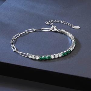 Bracelet tennis en argent S925 avec maillons trombone et pierres de zircon vert