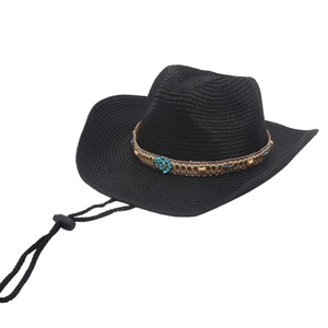 Ethnic bohemian black straw cowboy hat with turquoise beads and adjustable chin strap