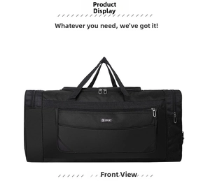 Front view of black waterproof nylon travel bag with Sport logo and double handles