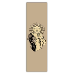 Detailed retro line art illustration of sun and flower figure on a beige scroll canvas