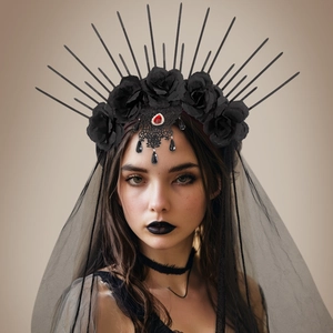Gothic halo crown with black roses, red gems and lace veil for Halloween queen costume