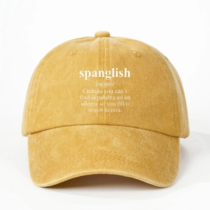 Adjustable mustard yellow washed cotton baseball cap with Spanglish text print