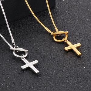 Gold and silver stainless steel cross pendant necklaces with OT toggle clasp and snake chain