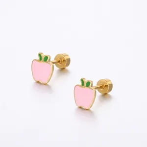 Cute pink enamel apple stud earrings with screw back design in polished stainless steel