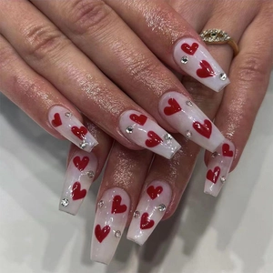 Press On Nails Coffin Shape Milky White With Red Heart Pattern And Rhinestone Decor Romantic Valentine Style For Women