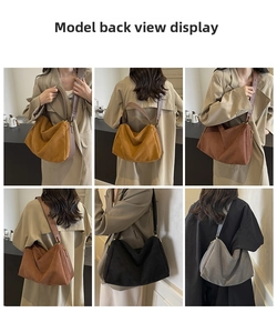 Collage of large suede tote bags in yellow, caramel, black and grey colors