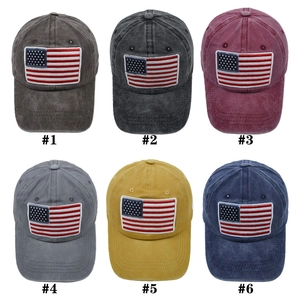 Distressed cotton baseball caps with embroidered USA flags in six assorted colors