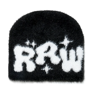 Fuzzy black beanie with white RRW letters and star patterns in soft faux mink fur