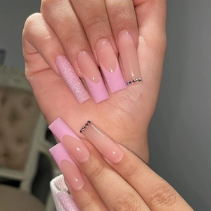 Extra Long Coffin Press On Nails French Tip Pink Nude False Nails Rhinestone Glitter DIY Manicure For Women