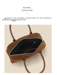 Top view of brown suede Boston bag interior showing zipper pocket and compartments