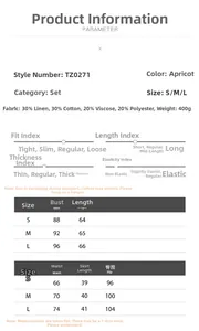 Detailed size chart for women's linen vest and skirt set with fabric composition details