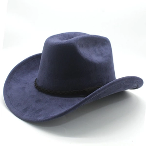 Detail of navy blue suede cowboy hat featuring a black braided leather band and felt texture
