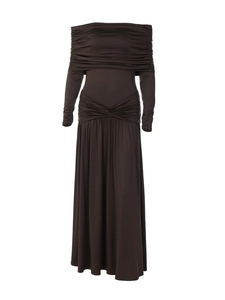 Detailed view of dark brown off-shoulder dress with elegant pleats and waist twist detail