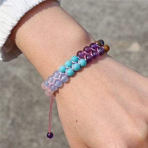 Detail of handmade double-layer woven bracelet featuring tiger eye and colorful beads