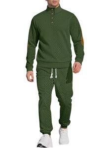 Men's olive green knit tracksuit set with brown elbow patches and stand-up collar detail