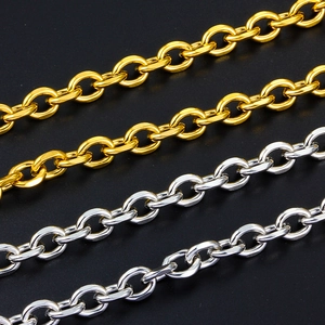 Golden and silver 18K plated stainless steel oval link chains on a black background